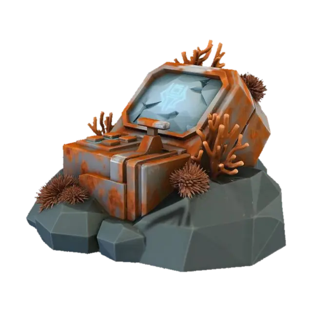 A low-poly, corroded metal control console half-embedded in an angular seabed rock.… - 3dgame 3D model, vytvořený pomocí AI