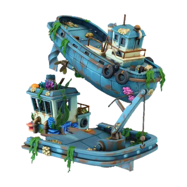 A modular kit of a sunken tugboat for game environments. Includes the main hull… - Gamedesign 3D model, vytvořený pomocí AI
