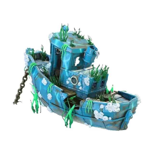 A stylized, sunken tugboat resting upright on the ocean floor. The silhouette is… - Gamedesign 3D model, vytvořený pomocí AI