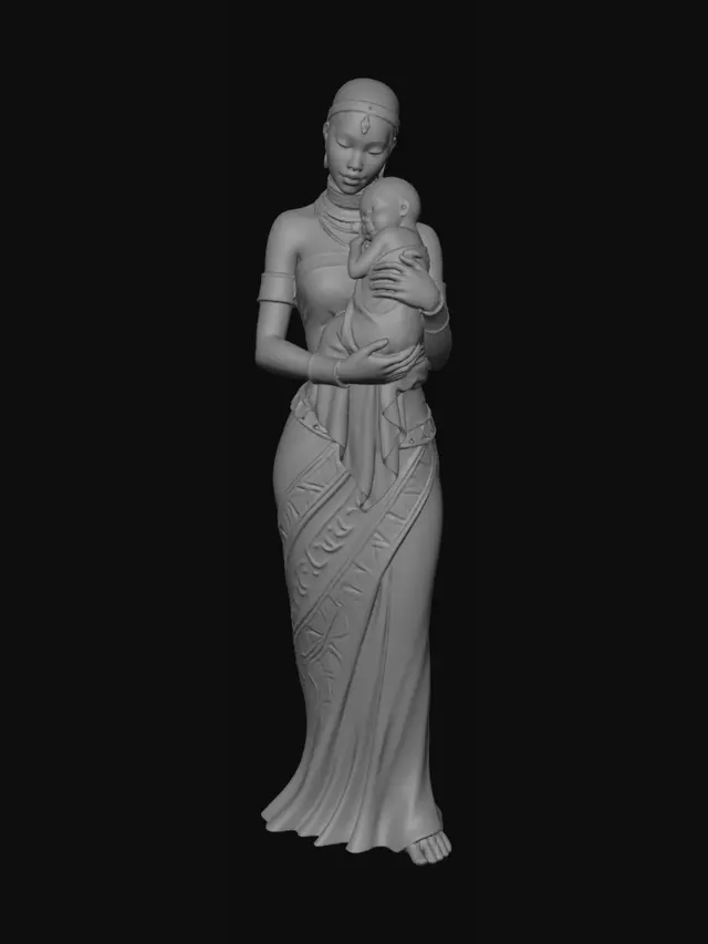 3D model for Crie uma estátua africana feminina ultra realista em estilo escultórico artesanal de luxo, corpo inteiro, representando uma mãe africana segurando seu bebê dormindo nos braços.

A mulher deve possuir expressão serena, elegante e maternal, com traços africanos realistas e refinados, pele em acabamento semelhante a bronze escuro acetinado, com textura rica e detalhes extremamente definidos.

O bebê deve estar dormindo encostado no peito da mãe, transmitindo acolhimento e proteção.

A personagem usa vestimenta tradicional africana longa, ajustada ao corpo, com tecido texturizado orgânico em tons terrosos, cobre e marrom queimado, com padrões artesanais inspirados em culturas africanas antigas.

Adicionar adornos dourados luxuosos: colares, braceletes, faixa na cabeça, brincos e detalhes de co