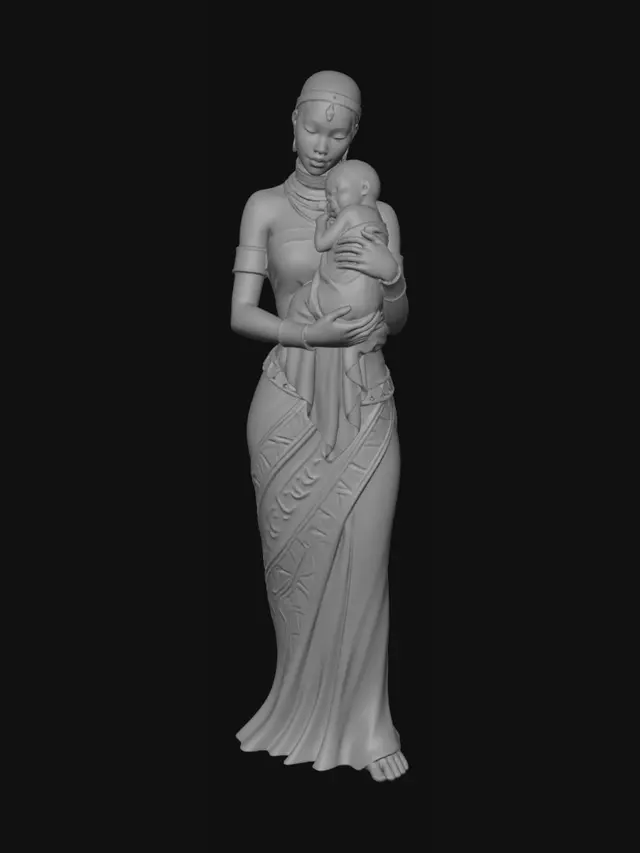 3D model for Crie uma estátua africana feminina ultra realista em estilo escultórico artesanal de luxo, corpo inteiro, representando uma mãe africana segurando seu bebê dormindo nos braços.

A mulher deve possuir expressão serena, elegante e maternal, com traços africanos realistas e refinados, pele em acabamento semelhante a bronze escuro acetinado, com textura rica e detalhes extremamente definidos.

O bebê deve estar dormindo encostado no peito da mãe, transmitindo acolhimento e proteção.

A personagem usa vestimenta tradicional africana longa, ajustada ao corpo, com tecido texturizado orgânico em tons terrosos, cobre e marrom queimado, com padrões artesanais inspirados em culturas africanas antigas.

Adicionar adornos dourados luxuosos: colares, braceletes, faixa na cabeça, brincos e detalhes de co