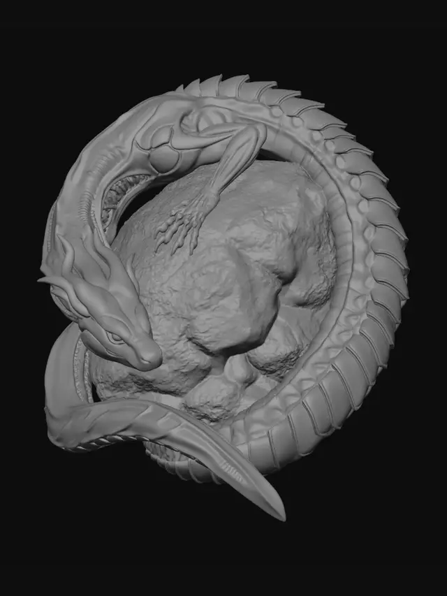 3D model for 一个由半透明皮肤有机体与金属构成的嵌合体。中国山海经理的神话动物驺吾。正趴在一块巨石之上。这个巨石存在一片荒芜之中。