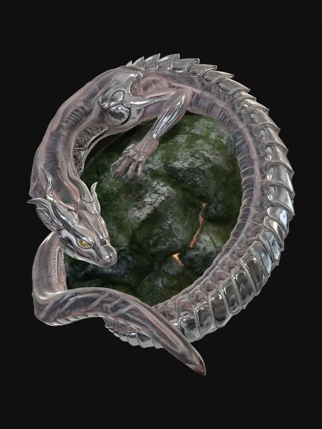 3D model for 一个由半透明皮肤有机体与金属构成的嵌合体。中国山海经理的神话动物驺吾。正趴在一块巨石之上。这个巨石存在一片荒芜之中。