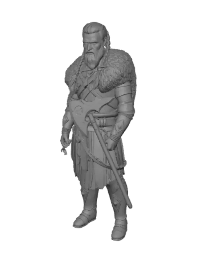 3D model for Hyperrealistisches, cineastisches 8K-HDR Ganzkörperportrait eines nordischen Wikingerkriegers basierend auf dem bereitgestellten Gesicht (Gesicht unverändert beibehalten).

Der Krieger steht kraftvoll am Strand, trägt detaillierte nordische Rüstung mit Fell, Leder und Metall. Lange Haare, teilweise zu Zöpfen geflochten, voller Bart, Runen-Tattoos im Gesicht.

In der rechten Hand hält er eine große, kunstvoll verzierte silberne Kampfaxt, leicht reflektierend, episch beleuchtet.

Um den Hals trägt er eine Kette mit einem Mjölnir (Thors Hammer) Anhänger, auf dem die Runen für „ALEX“ eingraviert sind.

Hintergrund: dramatische Wikinger-Szene mit einem großen Feuer (Bonfire), dahinter das Meer bei Sonnenuntergang, mehrere Wikinger-Langschiffe auf den Wellen.

Im Hintergrund stehen mehrere Wikin
