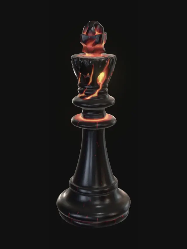 3D model for A sleek, stylized chess pawn piece made of a single solid piece of volcanic obsidian. The base is smooth and conical, transitioning into a sharp, jagged crystalline head. Intricate, deep cracks are etched into the surface to hold lava. 3D game asset, high quality, elegant silhouette, isolated model