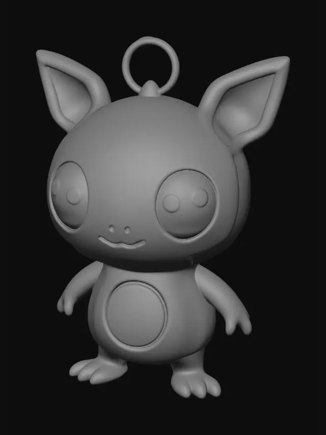 3D model for Create a cute original “Pocket Buddy Creature” for 3D printing, designed as a small collectible keychain charm. Make one single adorable creature with a big expressive head, small rounded body, short arms and legs, big eyes, cute ears or tiny horns, and a cheeky smile. Add one thick integrated oval keychain hole through the top of the head, not a separate ring. One solid watertight object, smooth, sturdy, FDM friendly, no thin fragile parts, no straps, no backpack, no bag, no cords, no floating pieces, no disconnected accessories, no extreme overhangs.