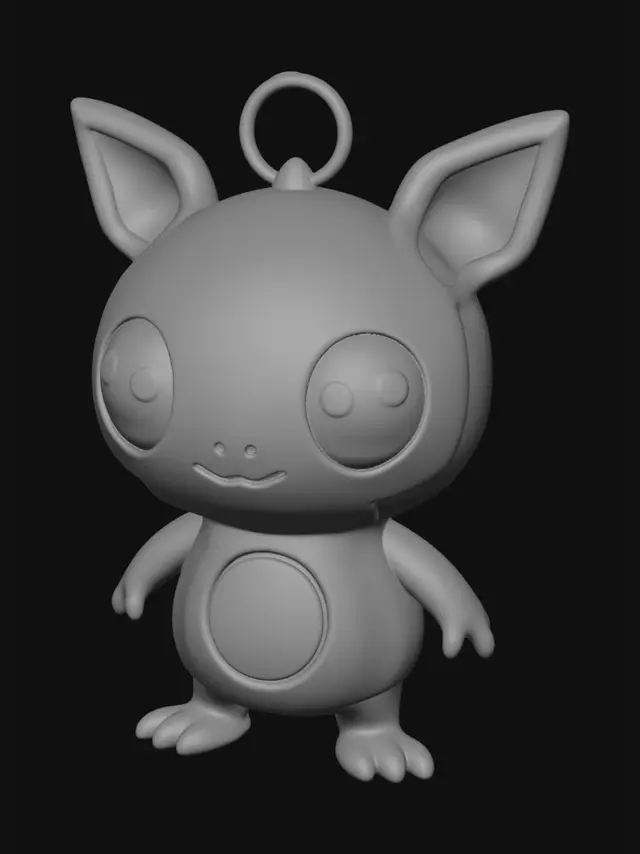 3D model for Create a cute original “Pocket Buddy Creature” for 3D printing, designed as a small collectible keychain charm. Make one single adorable creature with a big expressive head, small rounded body, short arms and legs, big eyes, cute ears or tiny horns, and a cheeky smile. Add one thick integrated oval keychain hole through the top of the head, not a separate ring. One solid watertight object, smooth, sturdy, FDM friendly, no thin fragile parts, no straps, no backpack, no bag, no cords, no floating pieces, no disconnected accessories, no extreme overhangs.