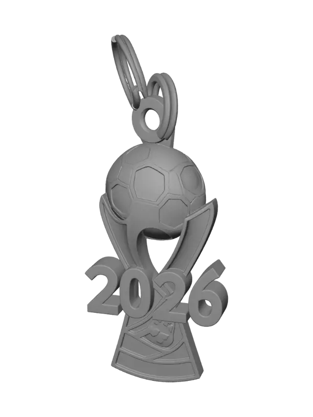 3D model for Create a 3D printable keychain emblem inspired by the official style of a 2026 world football championship logo. Design a clean, modern, premium sports emblem featuring a central football world trophy silhouette and the number 2026 integrated prominently into the composition. Use a gold trophy with vivid red, green, and blue accents inspired by international football tournament branding. The shape should be symmetrical, bold, and iconic, with embossed details, smooth contours, and a polished look. Add a reinforced hole at the top for a keychain ring. Make it a single solid piece, slightly thick, durable, and optimized for FDM 3D printing, with no fragile or overly thin elements.