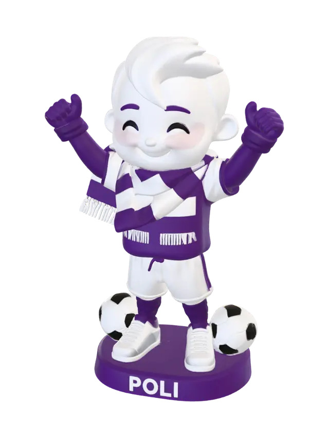3D model for Create a collectible 3D printable football supporter mascot inspired by Poli Timisoara colors, standing proudly with both arms raised and holding a thick violet-and-white football scarf above his head. Cute stylized proportions with a slightly oversized head, confident happy expression, violet and white football clothing, simple sneakers, and a football resting beside one foot. Place the character on a compact oval base with raised text “POLI”. Designed specifically for FDM 3D printing at 80 mm height: thick solid limbs, scarf connected securely to both hands, no thin fragile parts, no floating elements, no separated fingers, minimal overhangs, smooth clean surfaces, simplified details, stable pose, single complete character only, no background, no extra objects.