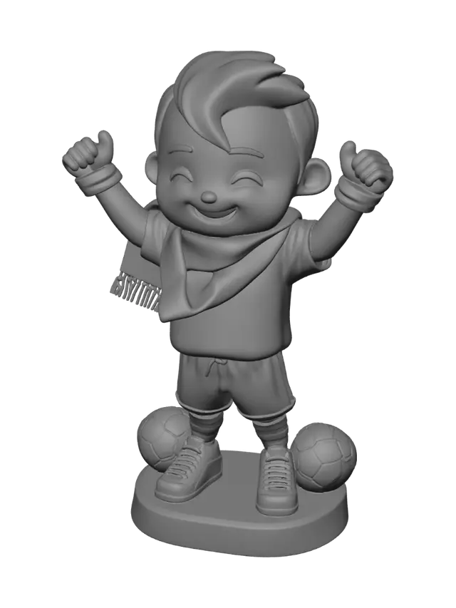 3D model for Create a collectible 3D printable football supporter mascot inspired by Poli Timisoara colors, standing proudly with both arms raised and holding a thick violet-and-white football scarf above his head. Cute stylized proportions with a slightly oversized head, confident happy expression, violet and white football clothing, simple sneakers, and a football resting beside one foot. Place the character on a compact oval base with raised text “POLI”. Designed specifically for FDM 3D printing at 80 mm height: thick solid limbs, scarf connected securely to both hands, no thin fragile parts, no floating elements, no separated fingers, minimal overhangs, smooth clean surfaces, simplified details, stable pose, single complete character only, no background, no extra objects.