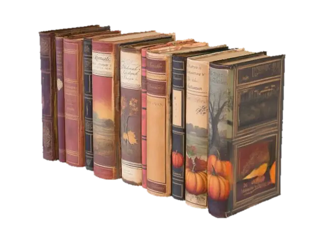 row of antique books, with romantic autumn inspired book covers, vintage 3D model, vytvořený pomocí AI