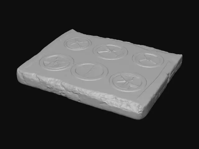 3D model for Ancient Carved wood plate, occult symbols, dark marks and stains, damaged edges, uneven surface