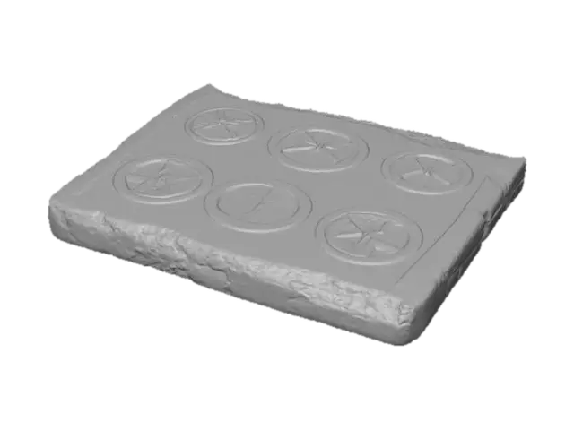 3D model for Ancient Carved wood plate, occult symbols, dark marks and stains, damaged edges, uneven surface