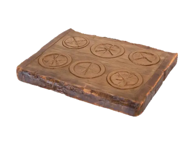 3D model for Ancient Carved wood plate, occult symbols, dark marks and stains, damaged edges, uneven surface