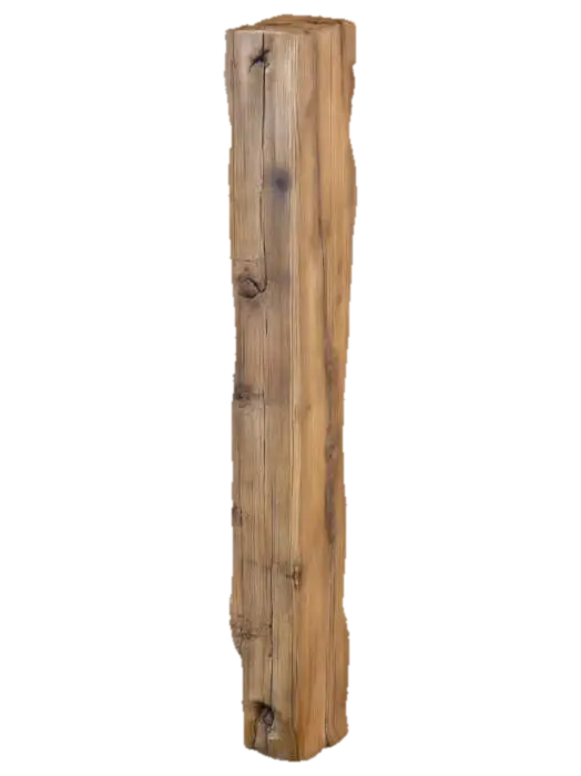 3D model for  long vertical beam, very tall. rustic, medieval touch, cracks, uneven surface, glossy finish.
worn edges. weathered and aged, cracks, and knots on the wood. rough, heavy, and sturdy appearance with detailed wood fibers and natural imperfections. The design is simple but evokes a somber and dramatic mood
