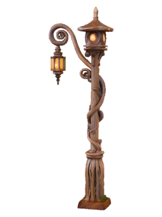 Enchanted Lantern Post made from rustic charming wood and with some moss patches 3D model, vytvořený pomocí AI