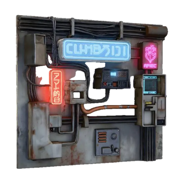 Wall Wires Signs Cyberpunk - Dystopia 3D model, vytvořený pomocí AI
