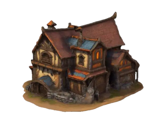 a full view of a world of warcraft-style barracks, seamless composite structure… - Strategy 3D model, vytvořený pomocí AI