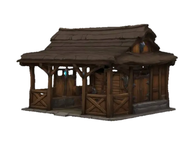 simple, world of warcraft style horseman stable, simple details, sharp lines, simple… 3D model, vytvořený pomocí AI