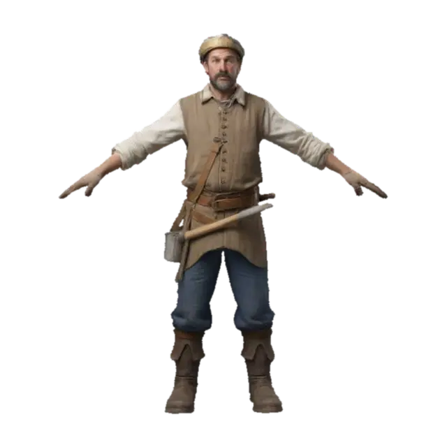 Human medieval worker and builder ini A Pose. Arms shouldnt be in contact with body! 3D model, vytvořený pomocí AI