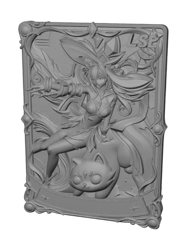 3D model for Create a highly detailed collectible fantasy trading card in a vertical format.

The card has a luxurious golden ornamental frame with elegant curved decorations and gemstone accents. The center artwork is a shallow embossed relief instead of a flat image, featuring an anime-style magical fox girl with long flowing blonde hair, black and white futuristic outfit, blue magical energy effects, accompanied by a cute dark cat and a large celestial guardian behind her.

The character should remain attached to the card surface as a bas-relief sculpture, not a fully separated figure.

The card includes:
- Raised ornamental border
- Embossed character artwork
- Raised "LSR" text at the top-right
- Raised bottom nameplate reading "Liliana Ma Phap Toi Thuong"
- Decorative fantasy corners
- Layered de