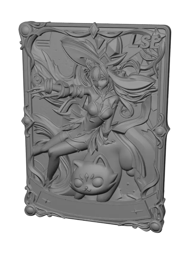 3D model for Create a highly detailed collectible fantasy trading card in a vertical format.

The card has a luxurious golden ornamental frame with elegant curved decorations and gemstone accents. The center artwork is a shallow embossed relief instead of a flat image, featuring an anime-style magical fox girl with long flowing blonde hair, black and white futuristic outfit, blue magical energy effects, accompanied by a cute dark cat and a large celestial guardian behind her.

The character should remain attached to the card surface as a bas-relief sculpture, not a fully separated figure.

The card includes:
- Raised ornamental border
- Embossed character artwork
- Raised "LSR" text at the top-right
- Raised bottom nameplate reading "Liliana Ma Phap Toi Thuong"
- Decorative fantasy corners
- Layered de