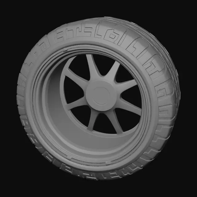 3D model for Ultra realistic futuristic supercar tire, hyper detailed racing wheel, realistic black rubber texture, premium metallic alloy rim, cyberpunk neon glow, aggressive sports tire tread, cinematic lighting, high poly 3D model, photorealistic materials, reflections, luxury hypercar wheel, ultra modern design, game ready for Unity, detailed rim spokes, realistic shadows, isolated object, dark background