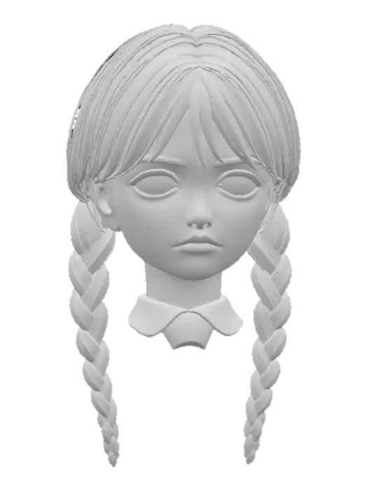 3D model for Kobieca postać o niezbyt wysokiej sylwetce, charakteryzująca się bladą cerą i lekko zasępionym grymasem na twarzy. Jej włosy uformowane są w dwa grube, czarne warkocze, które opadają symetrycznie. Ubiór jest prosty, z wyraźnymi detalami tkaniny. Całość tworzy melancholijny, lecz wyrazisty wygląd.