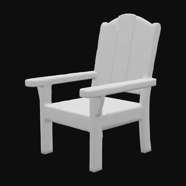3D model for Stylizowane, drewniane krzesło ogrodowe o prostych, ale urokliwych kształtach, noszące ślady delikatnego zniszczenia. Wykonane z litego drewna, o barwie wyblakłego, ciepłego brązu lub szarawego dębu, z widocznymi słojami. Jego powierzchnia jest matowa i szorstka w dotyku, z drobnymi rysami, przetarciami i lekko rozwarstwionymi włóknami, które dodają mu charakteru i świadczą o jego historii. Konstrukcja jest solidna, ale krawędzie są lekko zaokrąglone i zmiękczone upływem czasu.
