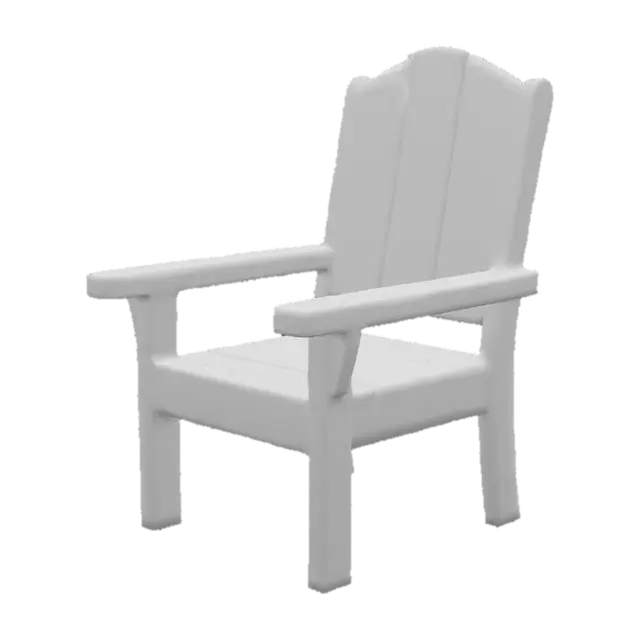 3D model for Stylizowane, drewniane krzesło ogrodowe o prostych, ale urokliwych kształtach, noszące ślady delikatnego zniszczenia. Wykonane z litego drewna, o barwie wyblakłego, ciepłego brązu lub szarawego dębu, z widocznymi słojami. Jego powierzchnia jest matowa i szorstka w dotyku, z drobnymi rysami, przetarciami i lekko rozwarstwionymi włóknami, które dodają mu charakteru i świadczą o jego historii. Konstrukcja jest solidna, ale krawędzie są lekko zaokrąglone i zmiękczone upływem czasu.