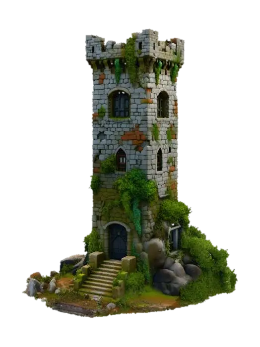 Ancient Watchtower Overgrown 3D model, vytvořený pomocí AI