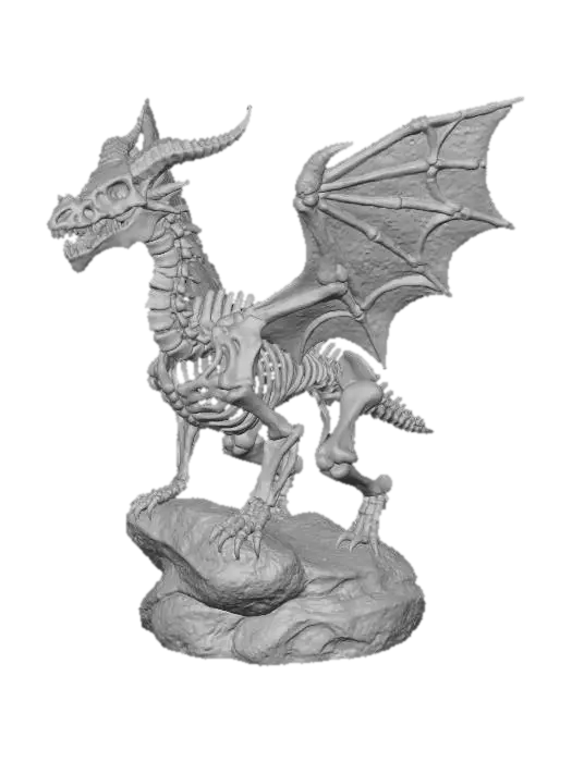 3D model for #Halloween2025#, A highly detailed 3D model of a dragon skeleton figurine, crafted from a coarse, granular sandy-brown material resembling aged sandstone or fossilized bone. The skeletal structure includes an articulated spine, rib cage, skull with prominent horns and hollow eye sockets, and large textured wings. The dragon is perched on an irregularly shaped, craggy rock base, all exhibiting a uniform earthy color and rough, tactile surface texture, with soft lighting defining its intricate forms.