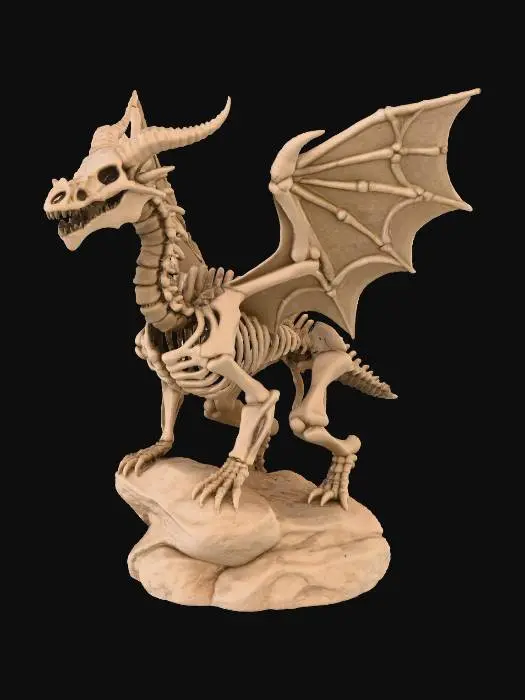3D model for #Halloween2025#, A highly detailed 3D model of a dragon skeleton figurine, crafted from a coarse, granular sandy-brown material resembling aged sandstone or fossilized bone. The skeletal structure includes an articulated spine, rib cage, skull with prominent horns and hollow eye sockets, and large textured wings. The dragon is perched on an irregularly shaped, craggy rock base, all exhibiting a uniform earthy color and rough, tactile surface texture, with soft lighting defining its intricate forms.