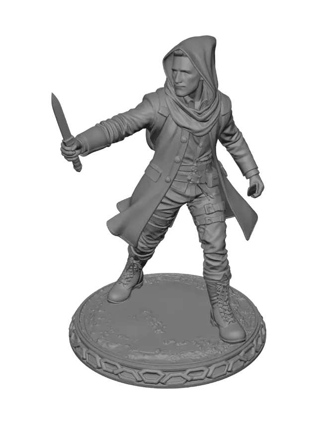3D model for A heroic fantasy adventurer, a female half-elf ranger in leather armor with a bow, dynamic grounded action pose with one foot forward, flowing cloak swept behind, painted concept art style, dramatic lighting, atmospheric background, detailed and printable
