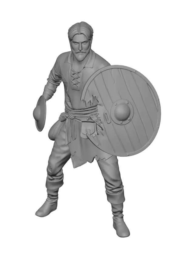 3D model for A heroic fantasy adventurer, a female half-elf ranger in leather armor with a bow, dynamic grounded action pose with one foot forward, flowing cloak swept behind, painted concept art style, dramatic lighting, atmospheric background, detailed and printable