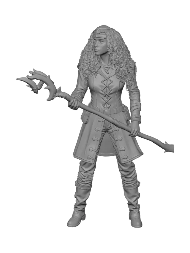3D model for A heroic fantasy adventurer, a female half-elf ranger in leather armor with a bow, dynamic grounded action pose with one foot forward, flowing cloak swept behind, painted concept art style, dramatic lighting, atmospheric background, detailed and printable