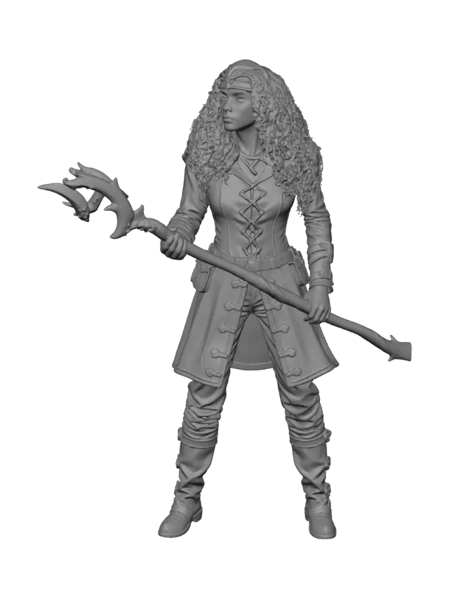 3D model for A heroic fantasy adventurer, a female half-elf ranger in leather armor with a bow, dynamic grounded action pose with one foot forward, flowing cloak swept behind, painted concept art style, dramatic lighting, atmospheric background, detailed and printable