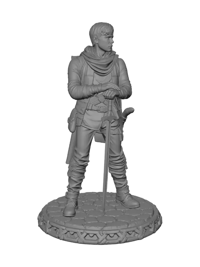 3D model for A heroic fantasy adventurer, a female half-elf ranger in leather armor with a bow, dynamic grounded action pose with one foot forward, flowing cloak swept behind, painted concept art style, dramatic lighting, atmospheric background, detailed and printable