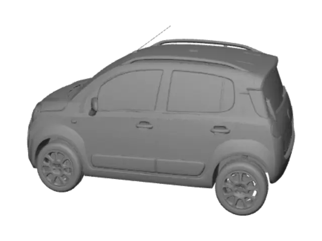3D model for Bana beyaz, plakası "KART" olan bir Fiat Panda modeli oluştur. Aracın önü, farları logosu falan gerçekçi olsun.