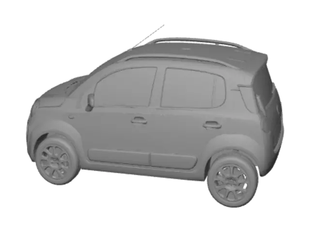 3D model for Bana beyaz, plakası "KART" olan bir Fiat Panda modeli oluştur. Aracın önü, farları logosu falan gerçekçi olsun.