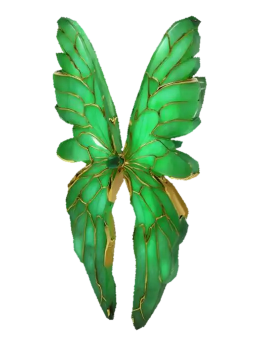 3D model for Green emerald wings of a bird a little curved attached to a bracelet of jade and gold. Symmetric. Golden veins in the feathers.