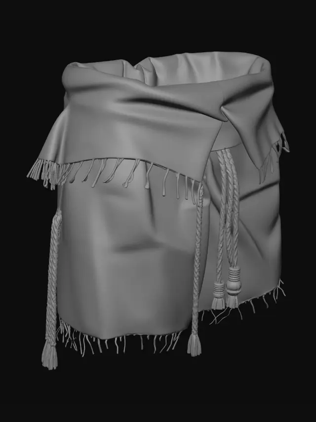 3D model for Low poly primitive survival loincloth clothing asset, standalone wearable prop, rough brown torn cloth front flap and back flap, rope belt around waist, small bone beads, simple island survival style, very low poly, clean geometry, no character, no mannequin, no legs, no torso, centered object, game ready, GLB export friendly
