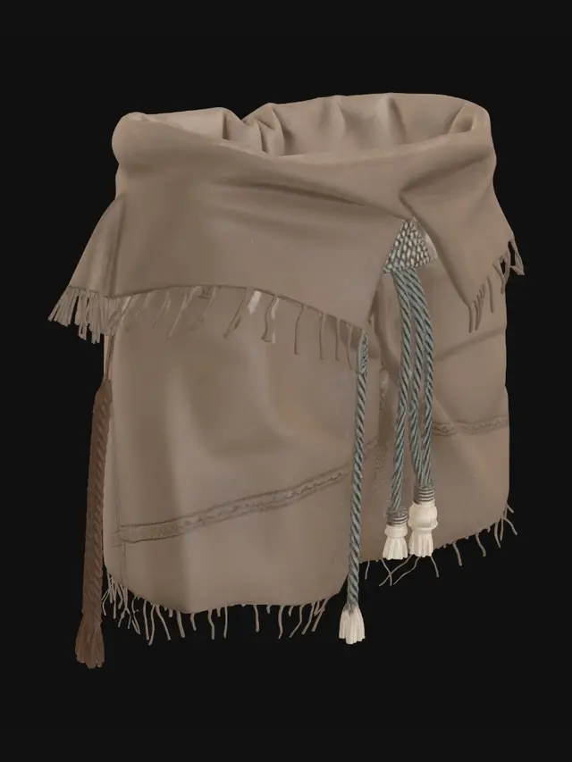 3D model for Low poly primitive survival loincloth clothing asset, standalone wearable prop, rough brown torn cloth front flap and back flap, rope belt around waist, small bone beads, simple island survival style, very low poly, clean geometry, no character, no mannequin, no legs, no torso, centered object, game ready, GLB export friendly