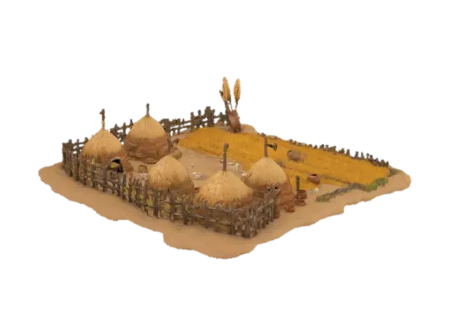 stone age farm, primitive crop field with wheat and corn, wooden fences made of… 3D model, vytvořený pomocí AI