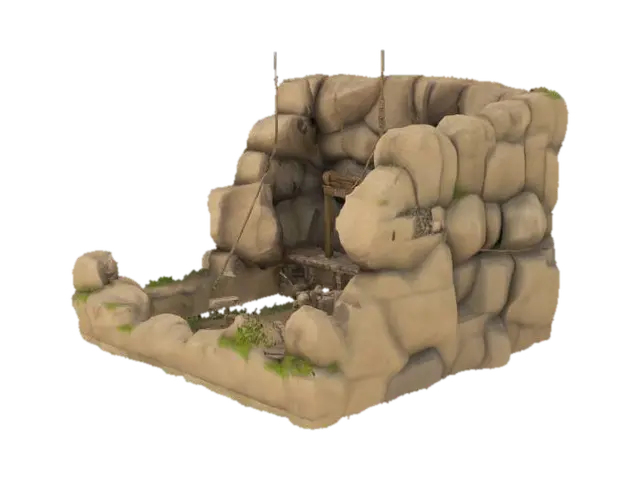 Modello 3D ultra realistic stone age quarry, primitive rocky mine with wooden supports and rope… - Workers, generato dall’IA