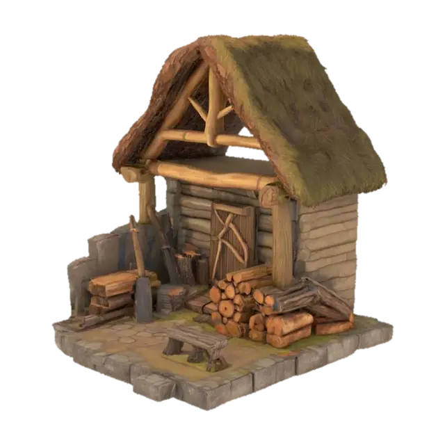 stone age lumber mill, primitive wooden structure, logs stacked beside, stone axes and… 3D model, vytvořený pomocí AI