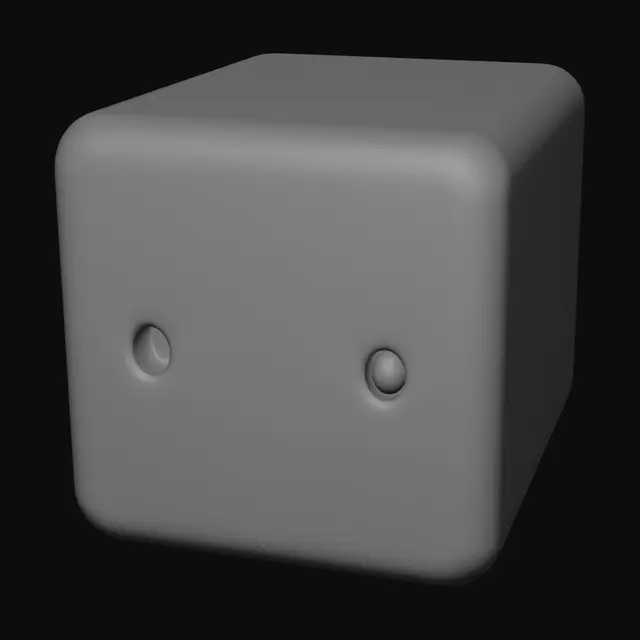 3D model for minimalist white cube creature, small black eyes, smooth edges, no texture, simple geometry, floating, game ready