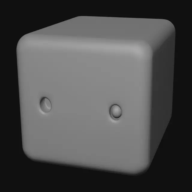 3D model for minimalist white cube creature, small black eyes, smooth edges, no texture, simple geometry, floating, game ready