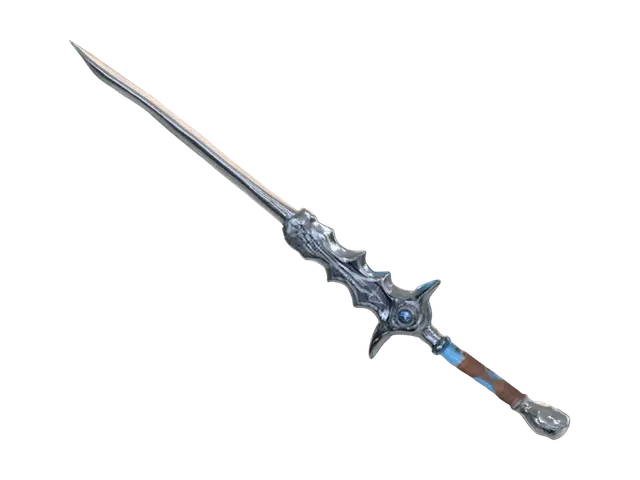 3D model for Fantasy RPG sword, silver blade, glowing blue crystal, leather handle, stylized game asset, highly detailed, clean topology, game ready, Unreal Engine style