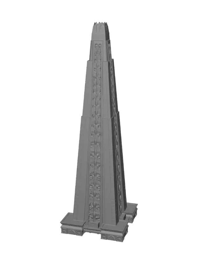 3D model for fantazy kinézetű c&c teslaturet. egyenlő keveréke a fanztazinak és a star warsnak. concept art minoség a telején egy késk kristállyal nagy felbontás sok részlet. olyan mint egy obelisk és egy trasfrmátor keverék magas oszlop